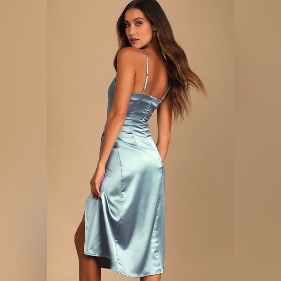 Lulus Hollywood Woman Dusty Blue Satin Midi Dress - Picture 3 of 3